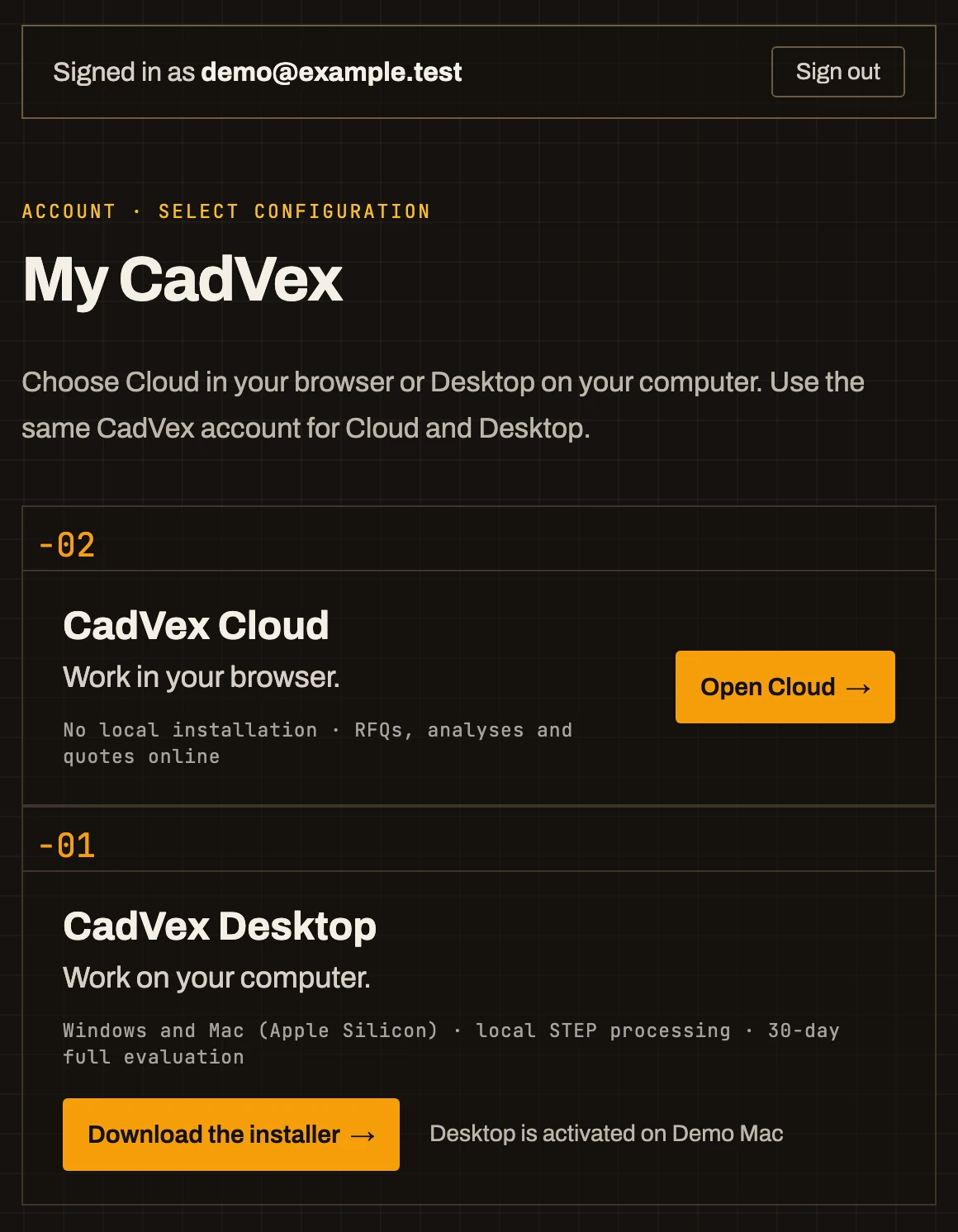 The My CadVex account page with the CadVex Desktop row and the Download the installer button