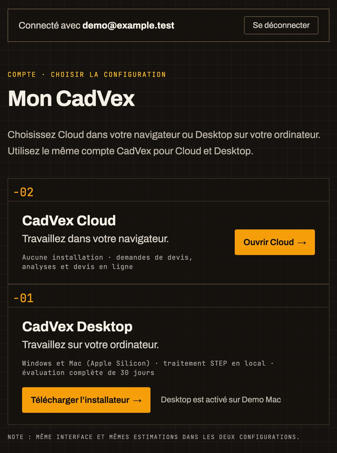 La page de compte Mon CadVex avec la ligne CadVex Desktop et le bouton Télécharger l’installateur