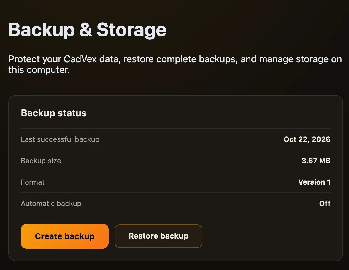Settings, Backup & Storage in Desktop: the backup status with Create backup and Restore backup