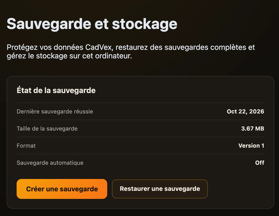 Paramètres, Sauvegarde et stockage dans Desktop : l’état de la sauvegarde avec Créer une sauvegarde et Restaurer une sauvegarde