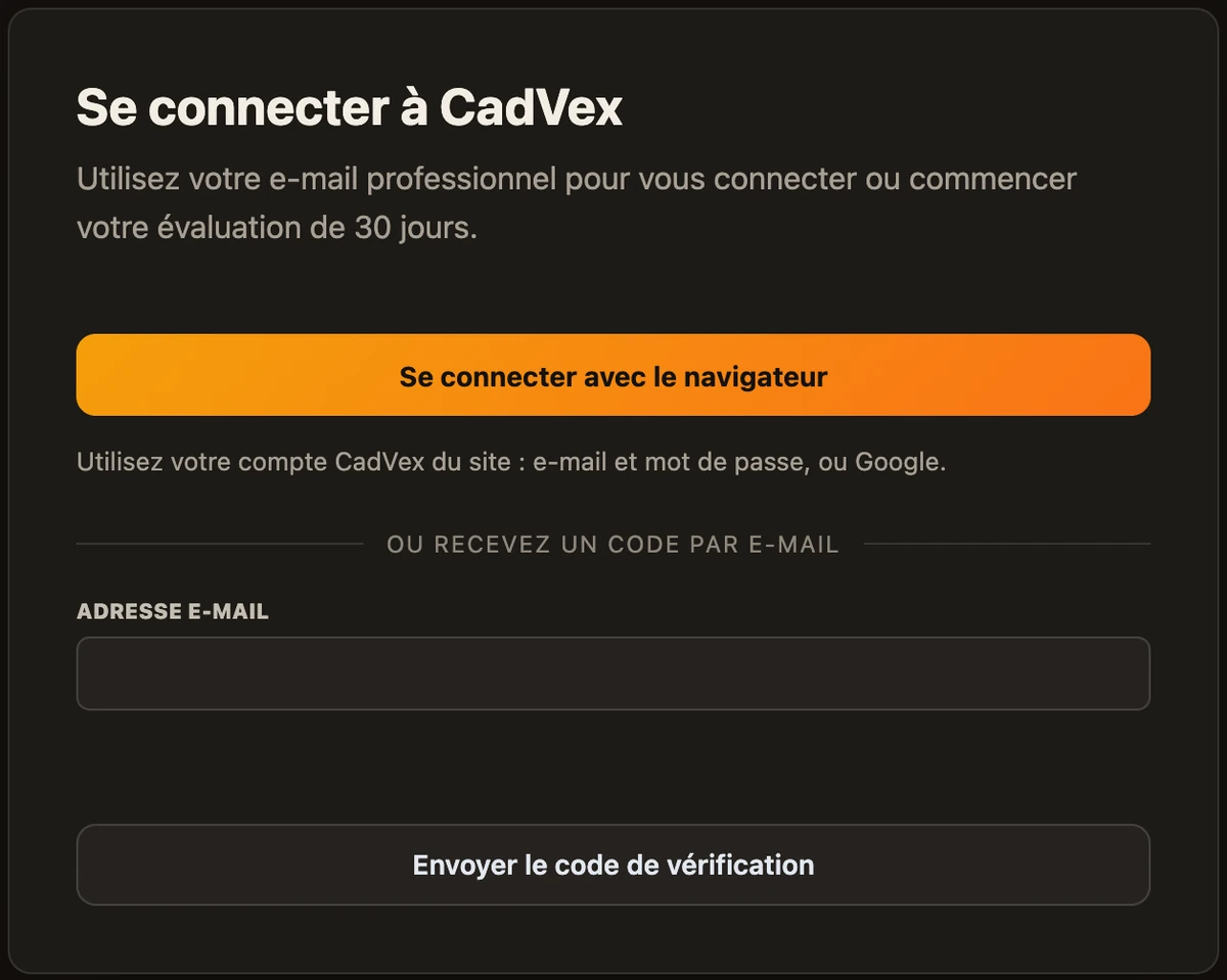 L’écran de connexion de Desktop avec Se connecter avec le navigateur et l’option du code par e-mail