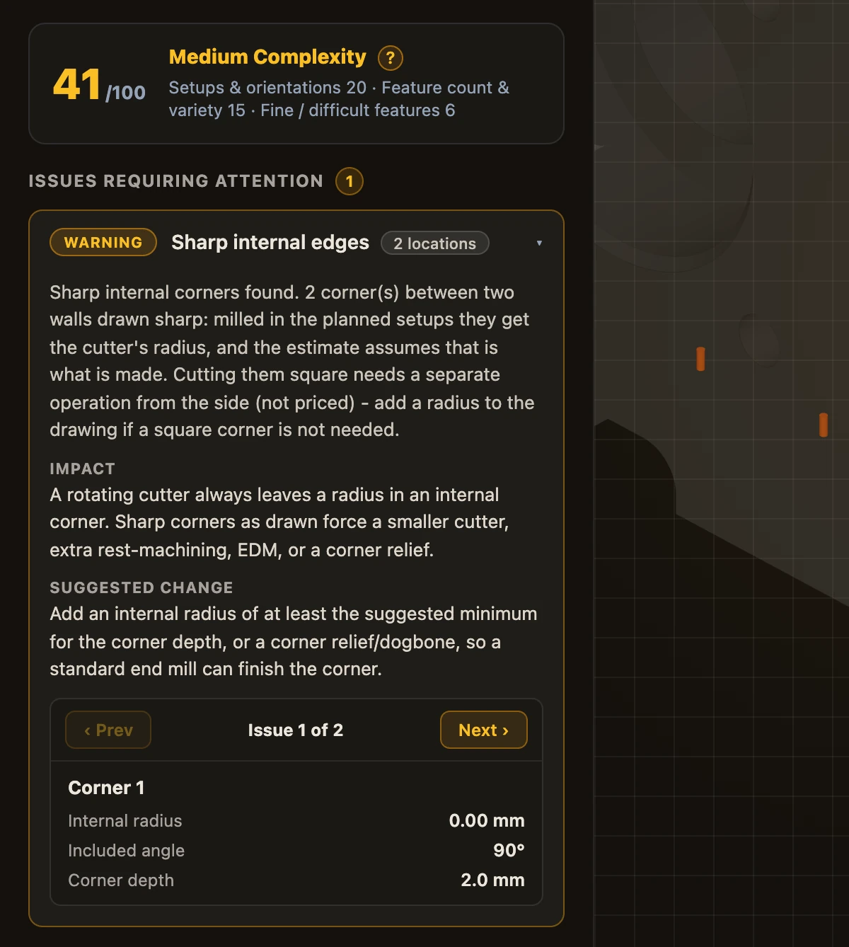 DFM Feedback tab: complexity score, an open Sharp internal edges card and its two corners highlighted on the 3D part