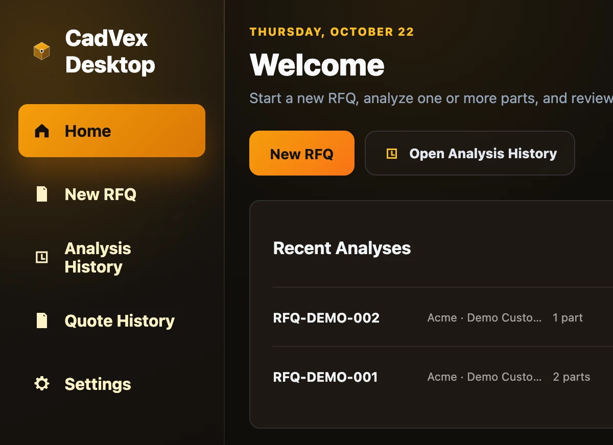 The Home screen in CadVex Desktop with the left menu and Recent Analyses