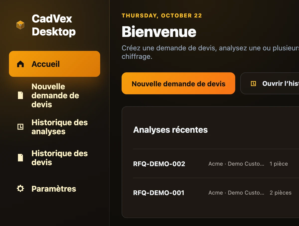 L’écran Accueil de CadVex Desktop avec le menu de gauche et les analyses récentes