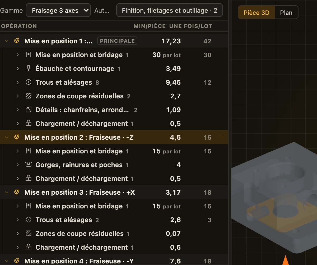 Gamme d’usinage : l’arbre des opérations et ses mises en position, la mise en position 2 sélectionnée et surlignée sur la pièce 3D avec sa flèche d’approche