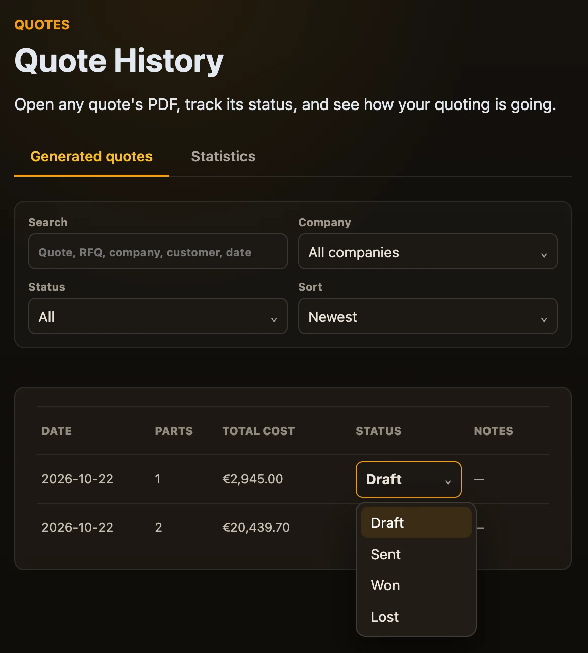 Quote History: search, company, status and sort filters, and the status menu open on a quote