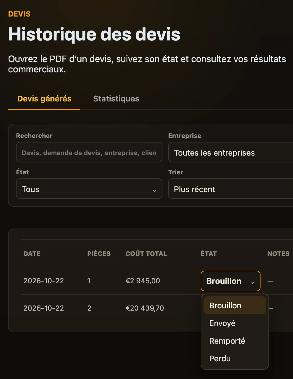 Historique des devis : recherche, filtres par entreprise et par état, tri, et la liste d’état ouverte sur un devis