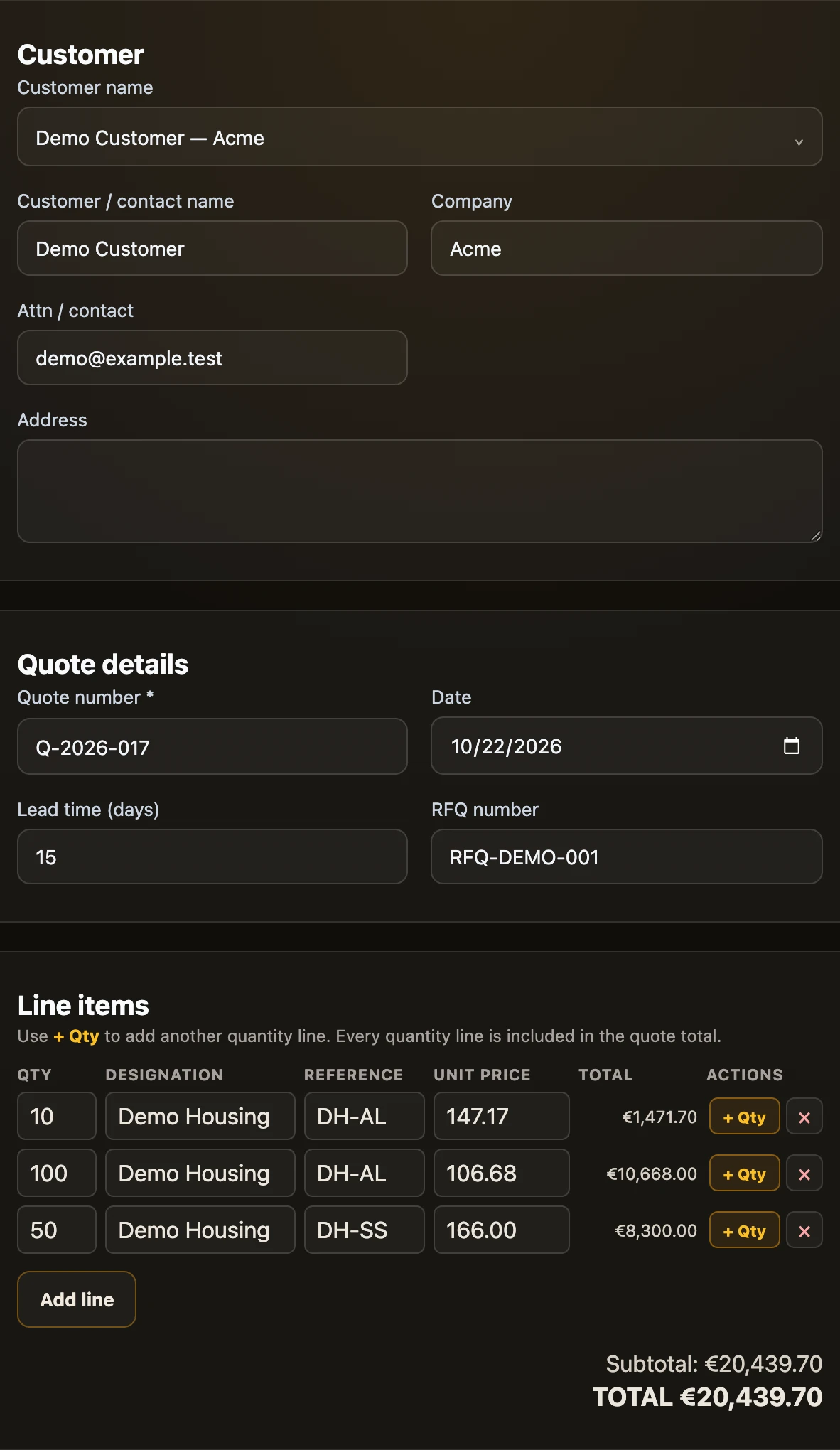 Generate quote step: the Customer card, the Quote details card and the Line items with two parts, the first with two quantity lines