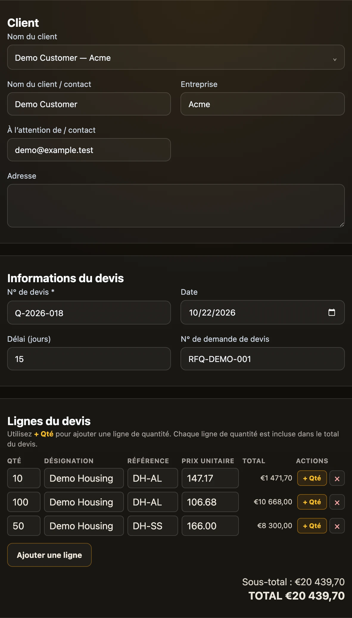 Étape Générer le devis : la carte Client, la carte Informations du devis et les lignes du devis avec deux pièces, la première avec deux lignes de quantité