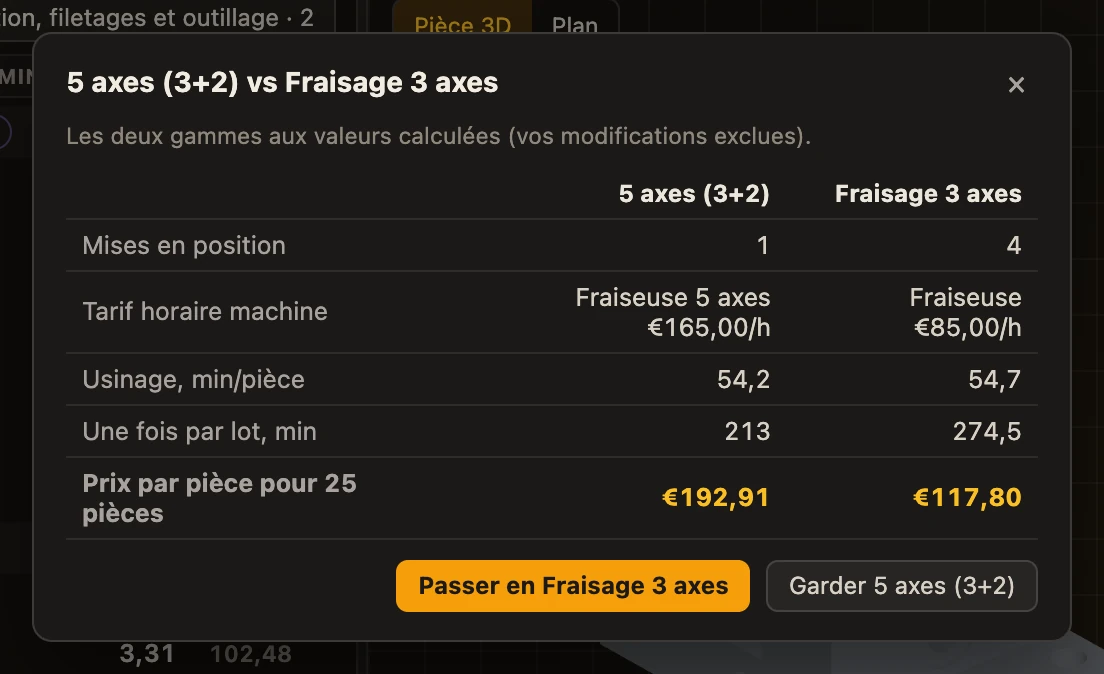 La fenêtre Comparer les gammes machine : 5 axes (3+2) et fraisage 3 axes côte à côte, avec les boutons Passer en et Garder