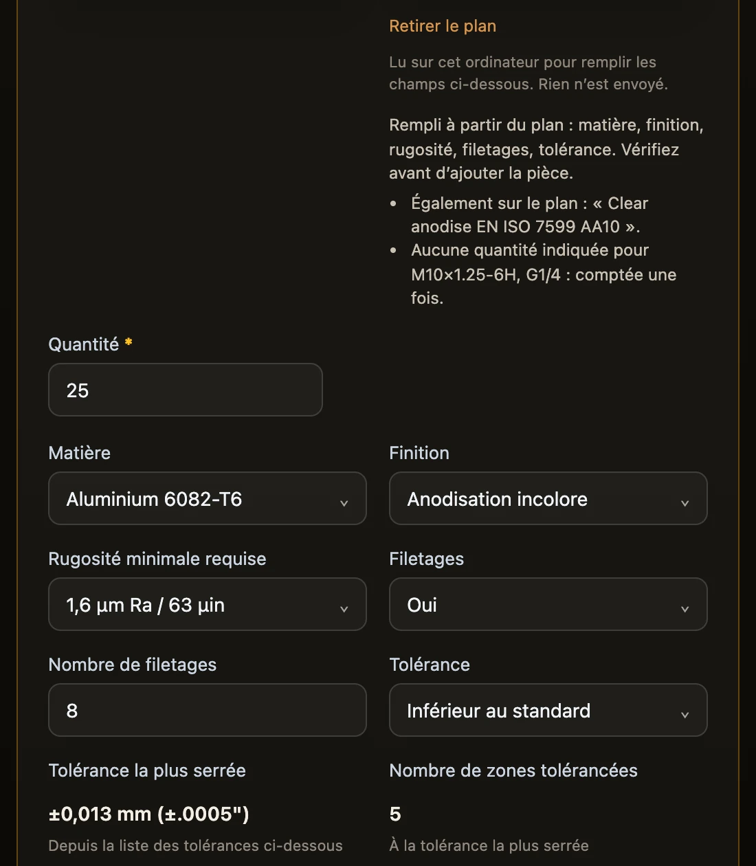 Desktop après la lecture du plan : la note Rempli à partir du plan et la matière, la finition, la rugosité, les filetages et la tolérance remplis