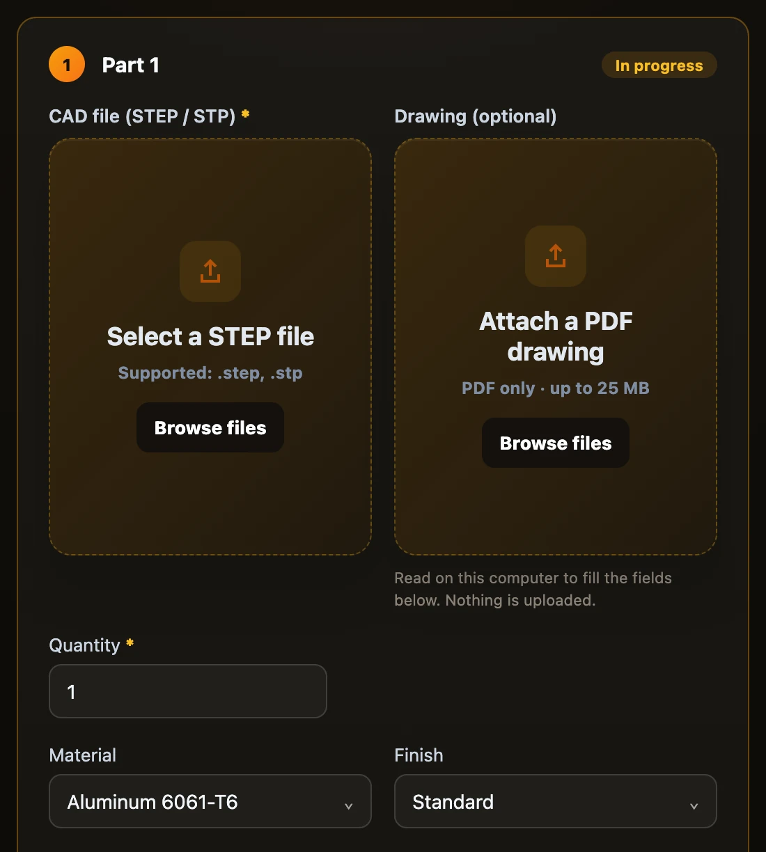 Upload parts step: the CAD file drop zone, the drawing drop zone and the part details below
