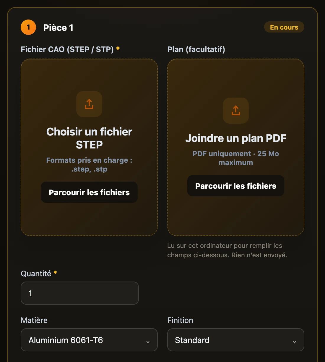 Étape Importer les pièces : la zone du fichier CAO, la zone du plan et les informations de la pièce en dessous