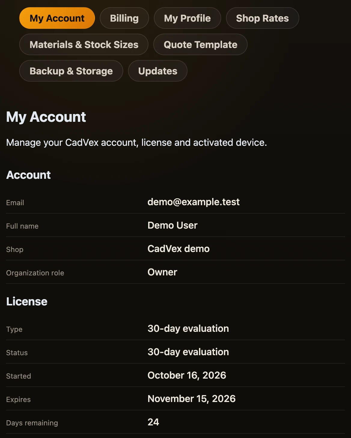 Settings in Desktop with the tab list and My Account open: account and license details