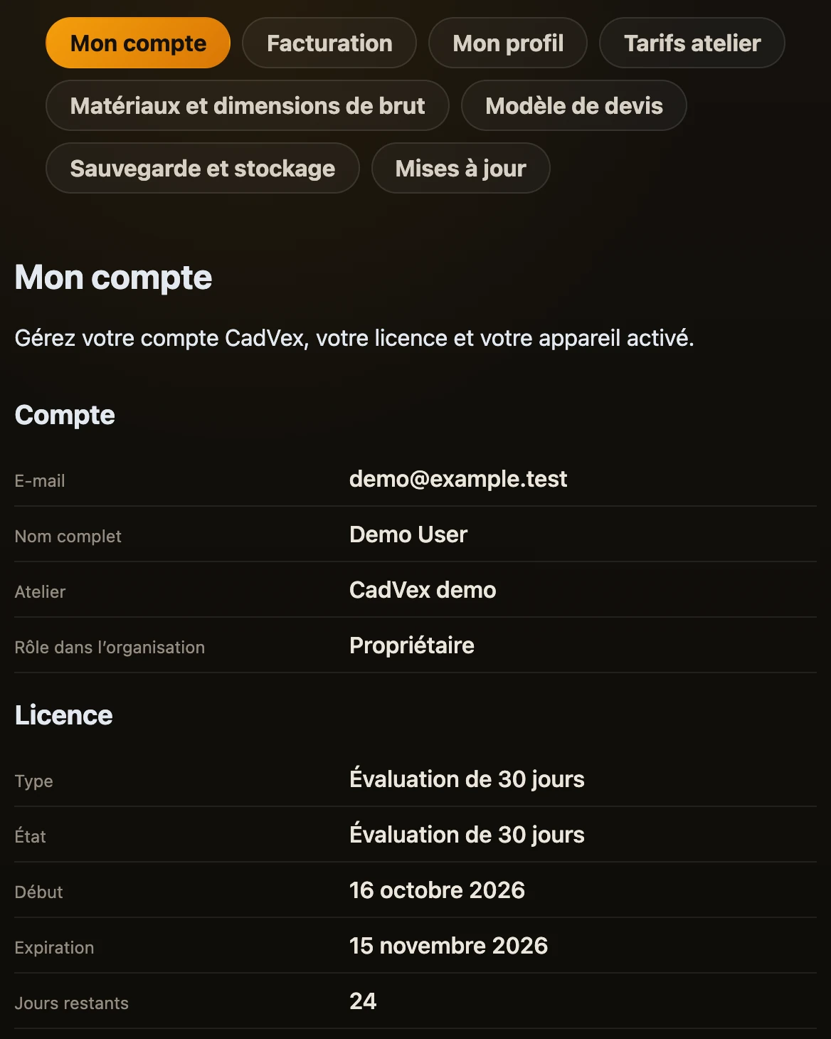 Paramètres dans Desktop avec la liste des onglets et Mon compte ouvert : compte et licence