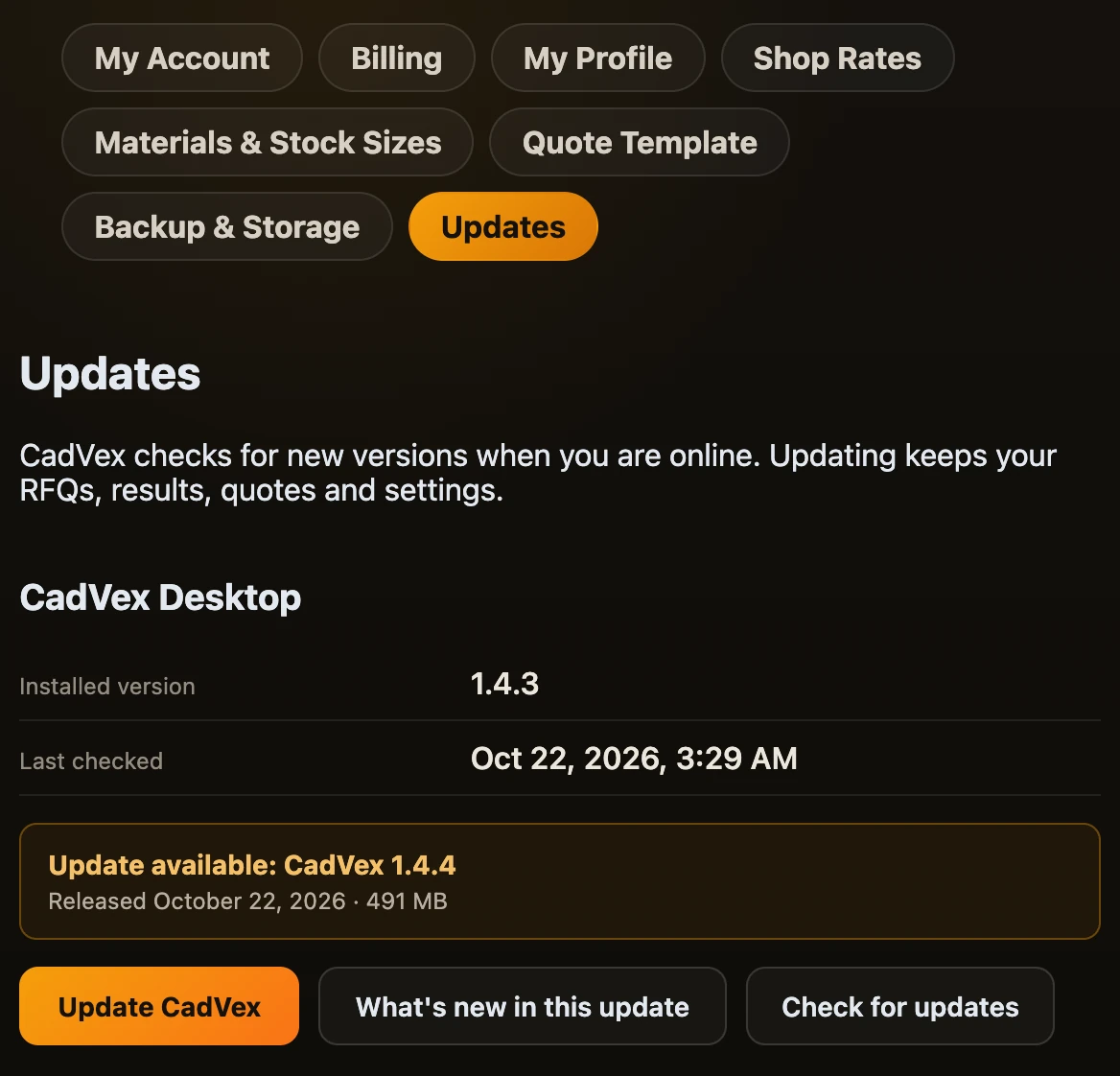 Settings, Updates: installed version 1.4.3, update 1.4.4 available and the Update CadVex button