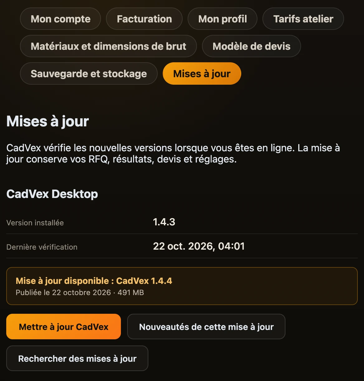 Paramètres, Mises à jour : version installée 1.4.3, mise à jour 1.4.4 disponible et le bouton Mettre à jour CadVex