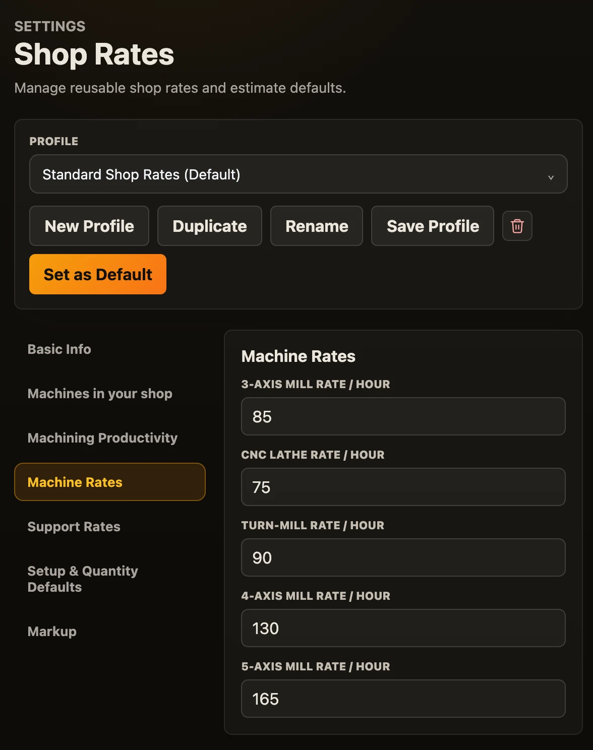 Settings, Shop Rates: the profile bar at the top and the Machine Rates section open