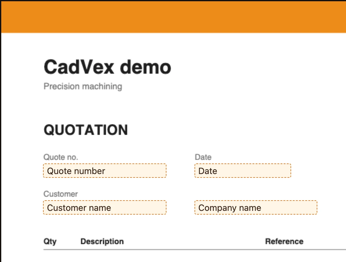 Quote Template, Place fields: a demo letterhead with the quote number, date, customer name and company name fields placed
