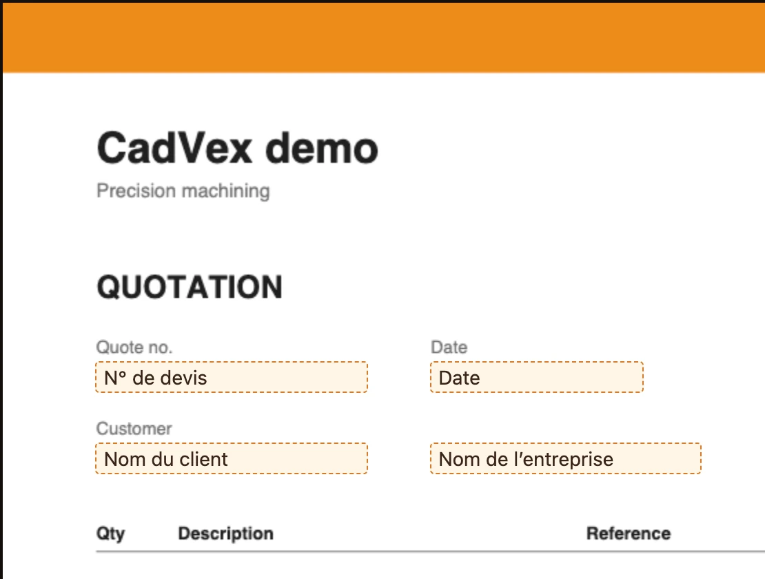 Modèle de devis, Placer les champs : un papier à en-tête de démonstration avec les champs n° de devis, date, nom du client et nom de l’entreprise placés